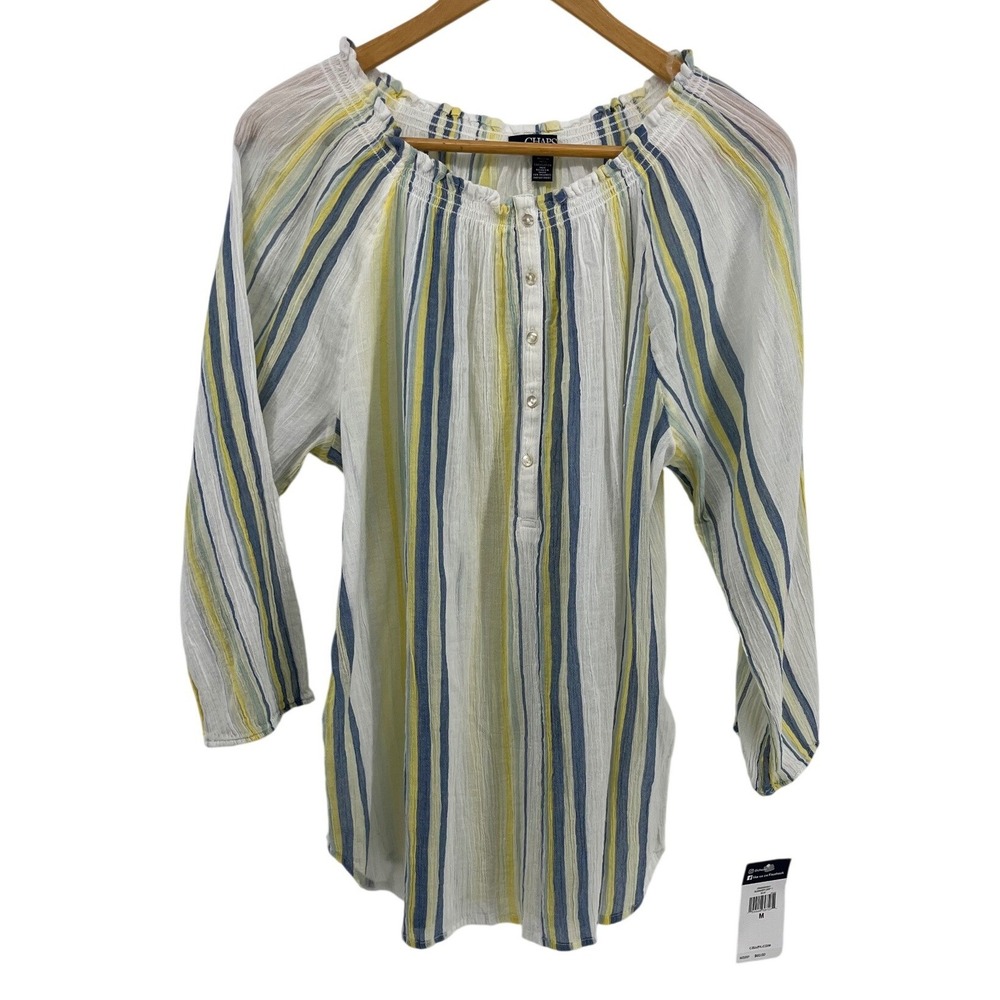 Chaps 3/4 Sleeve Lulu Striped Cotton Blouse Smocked Neck Women's Size M